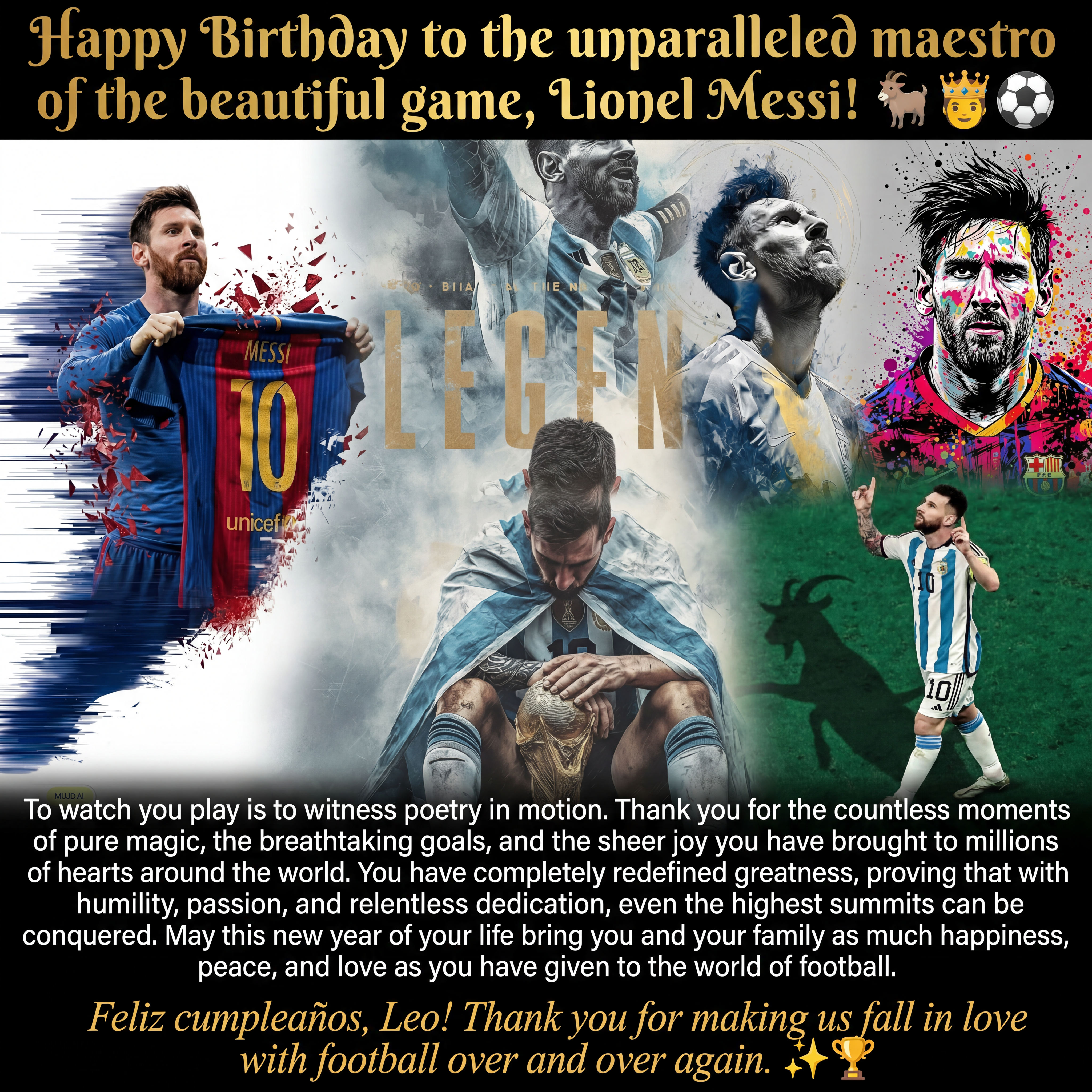 AI Design for Combine all the photos in a  single photo and add this text.
To watch you play is to witness poetry in motion. Thank you for the countless moments of pure magic, the breathtaking goals, and the sheer joy you have brought to millions of hearts around the world. You have completely redefined greatness, proving that with humility, passion, and relentless dedication, even the highest summits can be conquered.
May this new year of your life bring you and your family as much happiness, peace, and love as you have given to the world of football.
Feliz cumpleaños, Leo! Thank you for making us fall in love with football over and over again. ✨🏆

Add the heading as Happy Birthday to the unparalleled maestro of the beautiful game, Lionel Messi!🐐🤴⚽️
And at last add this one Feliz cumpleaños, Leo! Thank you for making us fall in love with football over and over again. ✨🏆
