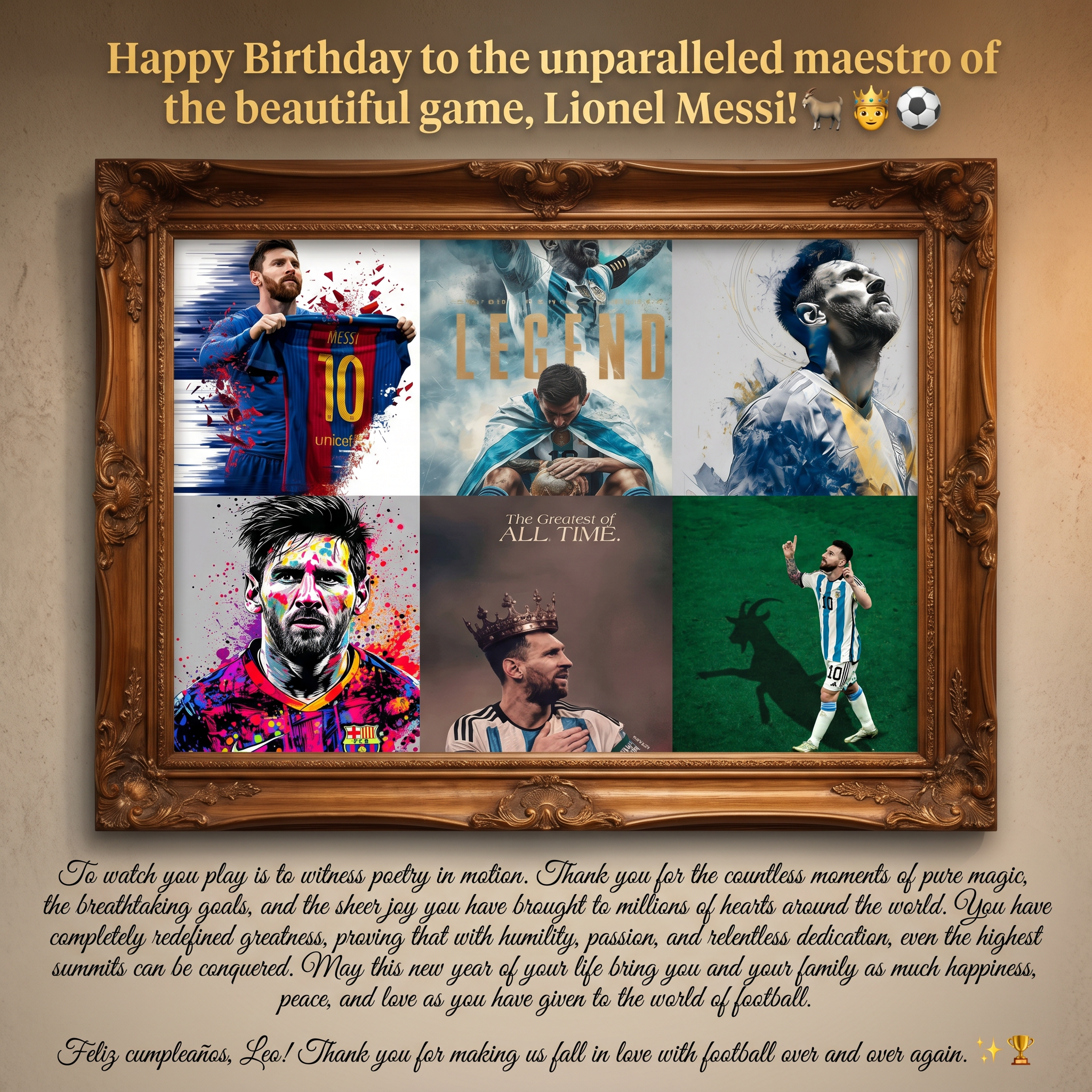 AI Design for Combine all the photos in a photo frame and add this text.
To watch you play is to witness poetry in motion. Thank you for the countless moments of pure magic, the breathtaking goals, and the sheer joy you have brought to millions of hearts around the world. You have completely redefined greatness, proving that with humility, passion, and relentless dedication, even the highest summits can be conquered.
May this new year of your life bring you and your family as much happiness, peace, and love as you have given to the world of football.
Feliz cumpleaños, Leo! Thank you for making us fall in love with football over and over again. ✨🏆

Add the heading as Happy Birthday to the unparalleled maestro of the beautiful game, Lionel Messi!🐐🤴⚽️
And at last add this one Feliz cumpleaños, Leo! Thank you for making us fall in love with football over and over again. ✨🏆