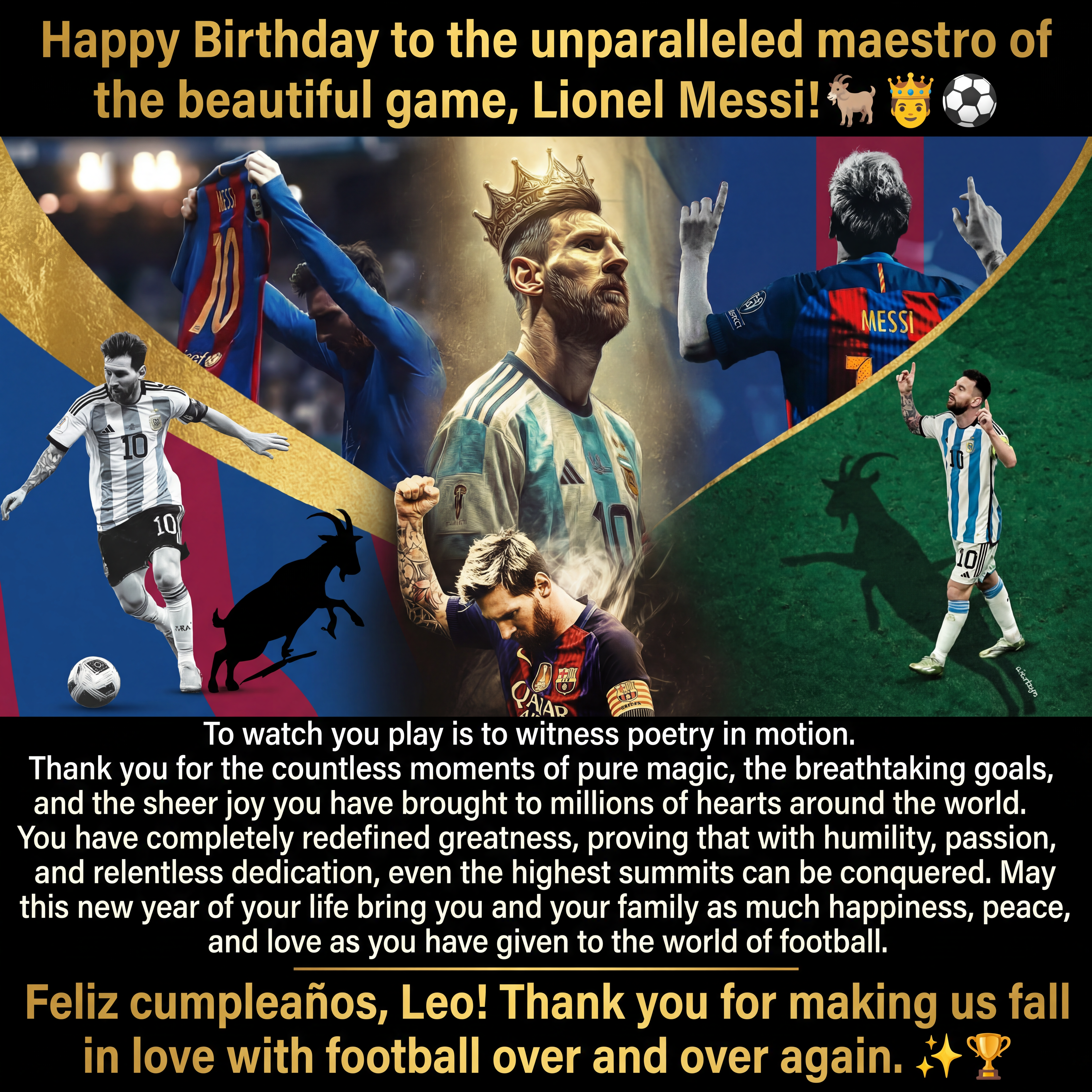 AI Design for Combine all the photos in a single photo and add this text.
To watch you play is to witness poetry in motion. Thank you for the countless moments of pure magic, the breathtaking goals, and the sheer joy you have brought to millions of hearts around the world. You have completely redefined greatness, proving that with humility, passion, and relentless dedication, even the highest summits can be conquered.
May this new year of your life bring you and your family as much happiness, peace, and love as you have given to the world of football.
Feliz cumpleaños, Leo! Thank you for making us fall in love with football over and over again. ✨🏆

Add the heading as Happy Birthday to the unparalleled maestro of the beautiful game, Lionel Messi!🐐🤴⚽️
And at last add this one Feliz cumpleaños, Leo! Thank you for making us fall in love with football over and over again. ✨🏆