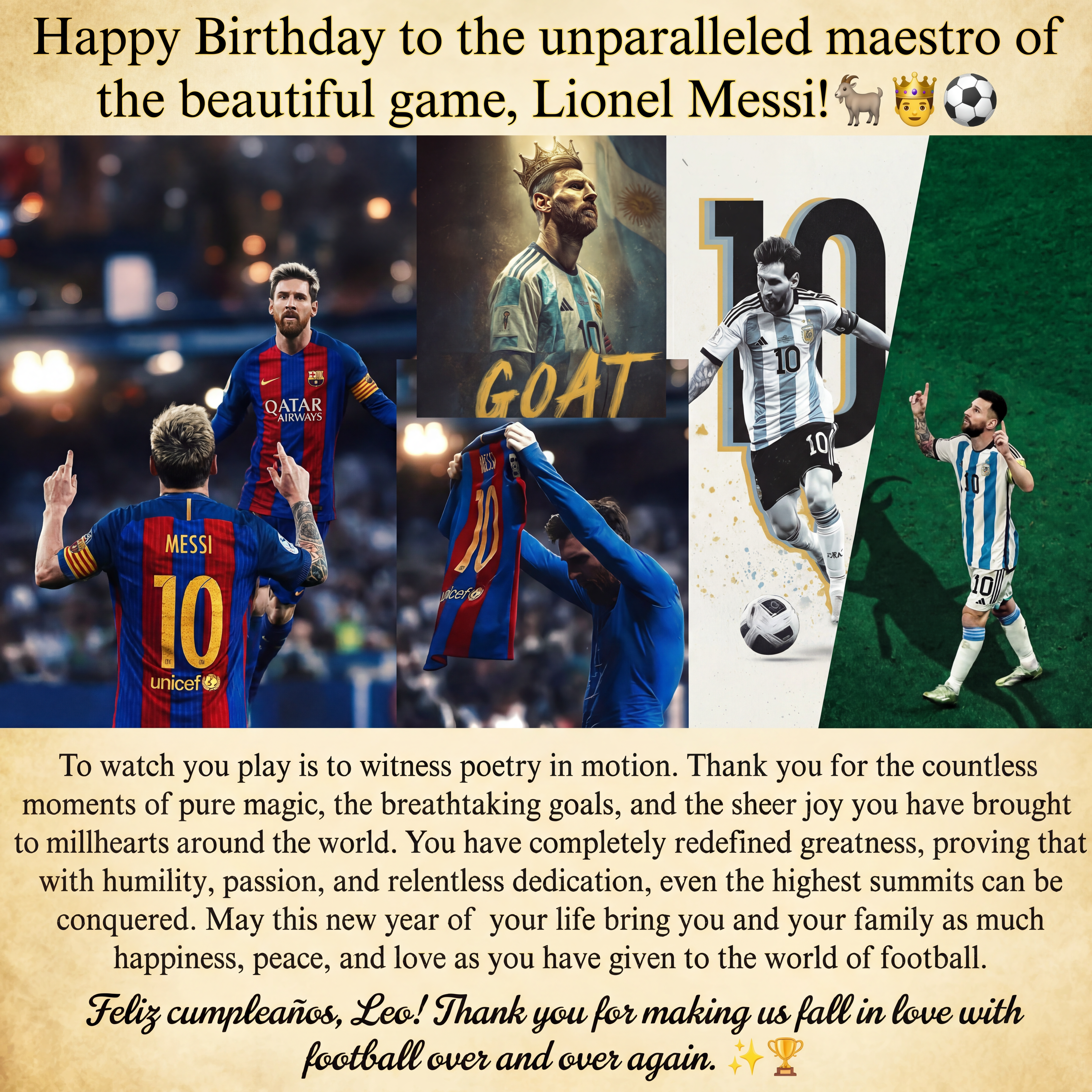AI Design for Combine all the photos in a single photo and add this text.
To watch you play is to witness poetry in motion. Thank you for the countless moments of pure magic, the breathtaking goals, and the sheer joy you have brought to millions of hearts around the world. You have completely redefined greatness, proving that with humility, passion, and relentless dedication, even the highest summits can be conquered.
May this new year of your life bring you and your family as much happiness, peace, and love as you have given to the world of football.
Feliz cumpleaños, Leo! Thank you for making us fall in love with football over and over again. ✨🏆

Add the heading as Happy Birthday to the unparalleled maestro of the beautiful game, Lionel Messi!🐐🤴⚽️
And at last add this one Feliz cumpleaños, Leo! Thank you for making us fall in love with football over and over again. ✨🏆