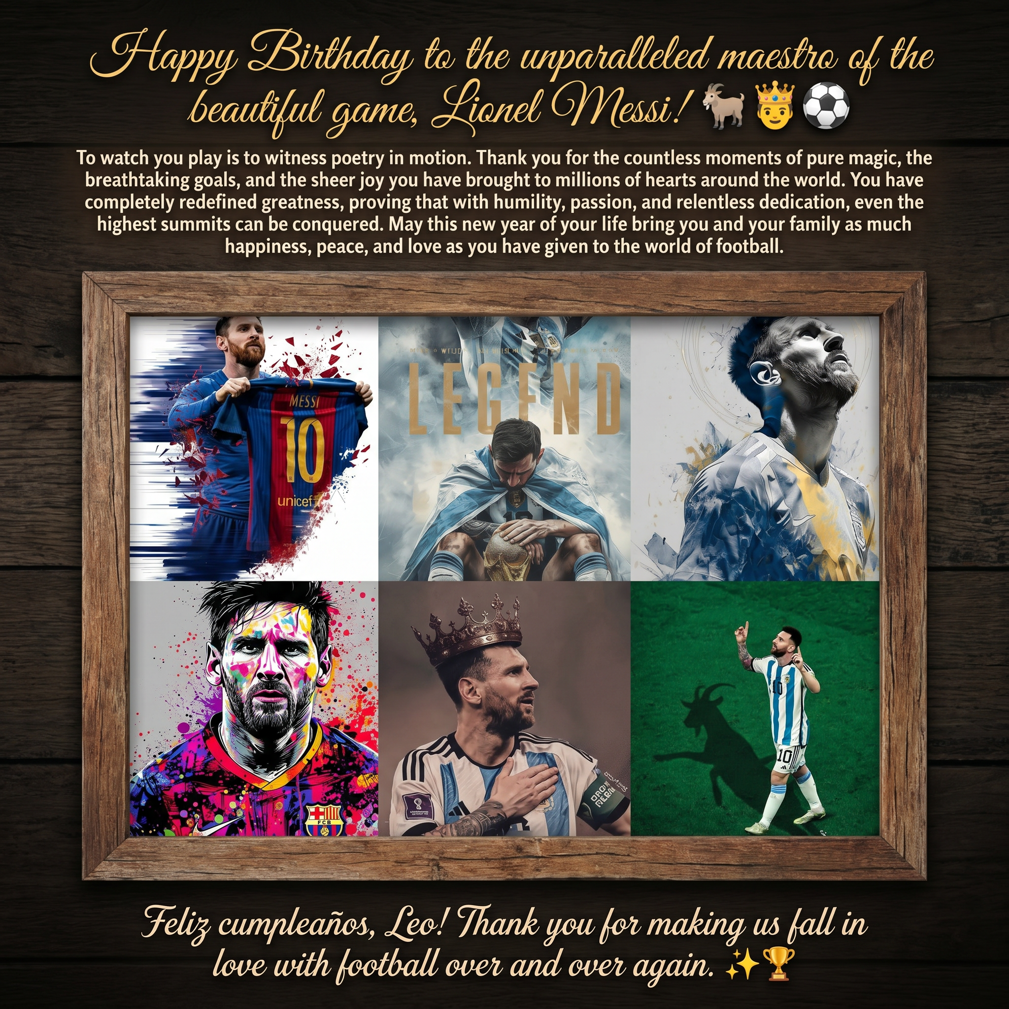 AI Design for Combine all the photos in a photo frame and add this text.
To watch you play is to witness poetry in motion. Thank you for the countless moments of pure magic, the breathtaking goals, and the sheer joy you have brought to millions of hearts around the world. You have completely redefined greatness, proving that with humility, passion, and relentless dedication, even the highest summits can be conquered.
May this new year of your life bring you and your family as much happiness, peace, and love as you have given to the world of football.
Feliz cumpleaños, Leo! Thank you for making us fall in love with football over and over again. ✨🏆

Add the heading as Happy Birthday to the unparalleled maestro of the beautiful game, Lionel Messi!🐐🤴⚽️
And at last add this one Feliz cumpleaños, Leo! Thank you for making us fall in love with football over and over again. ✨🏆
