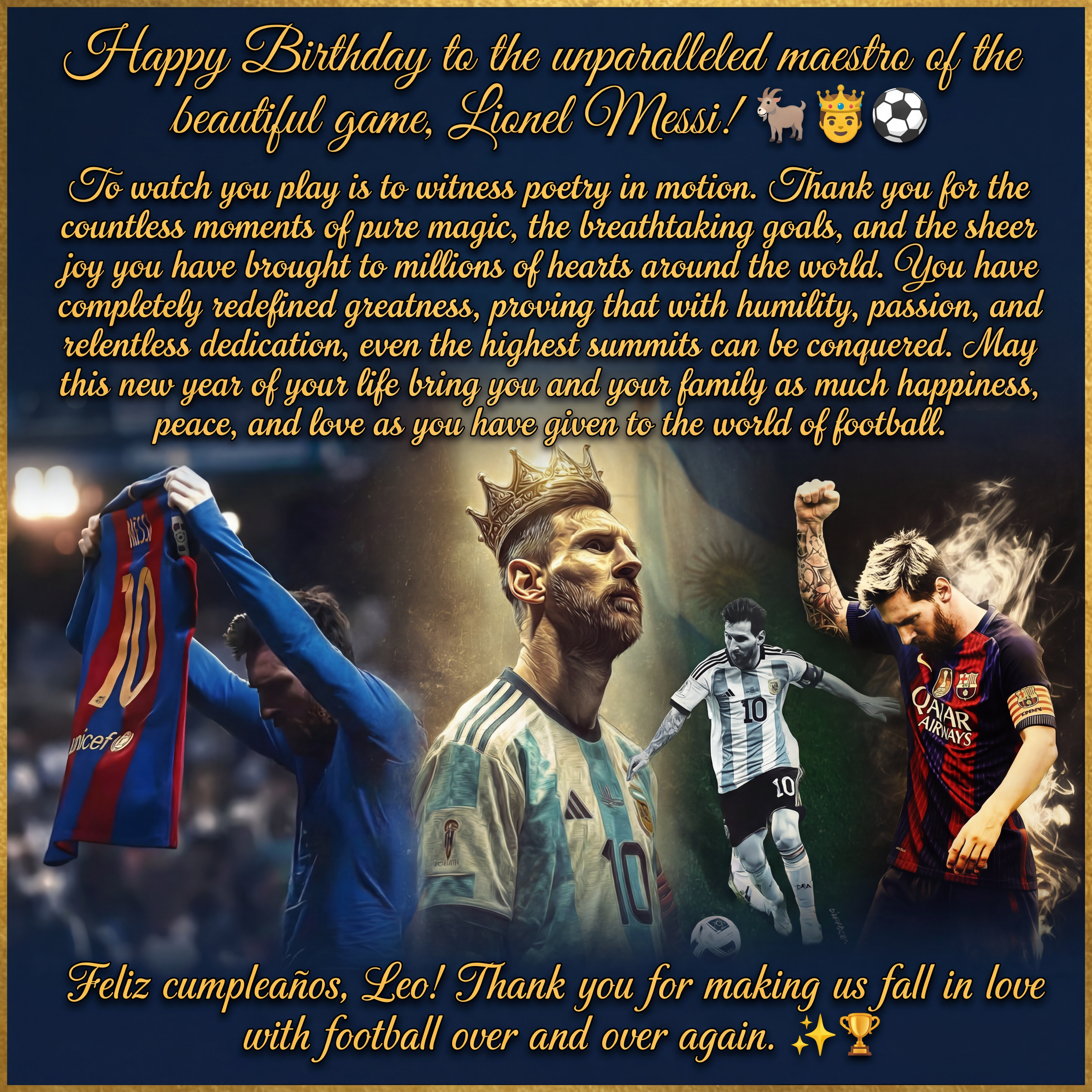 AI Design for Combine all the photos in a single photo  and add this text.
To watch you play is to witness poetry in motion. Thank you for the countless moments of pure magic, the breathtaking goals, and the sheer joy you have brought to millions of hearts around the world. You have completely redefined greatness, proving that with humility, passion, and relentless dedication, even the highest summits can be conquered.
May this new year of your life bring you and your family as much happiness, peace, and love as you have given to the world of football.
Feliz cumpleaños, Leo! Thank you for making us fall in love with football over and over again. ✨🏆

Add the heading as Happy Birthday to the unparalleled maestro of the beautiful game, Lionel Messi!🐐🤴⚽️
And at last add this one Feliz cumpleaños, Leo! Thank you for making us fall in love with football over and over again. ✨🏆
