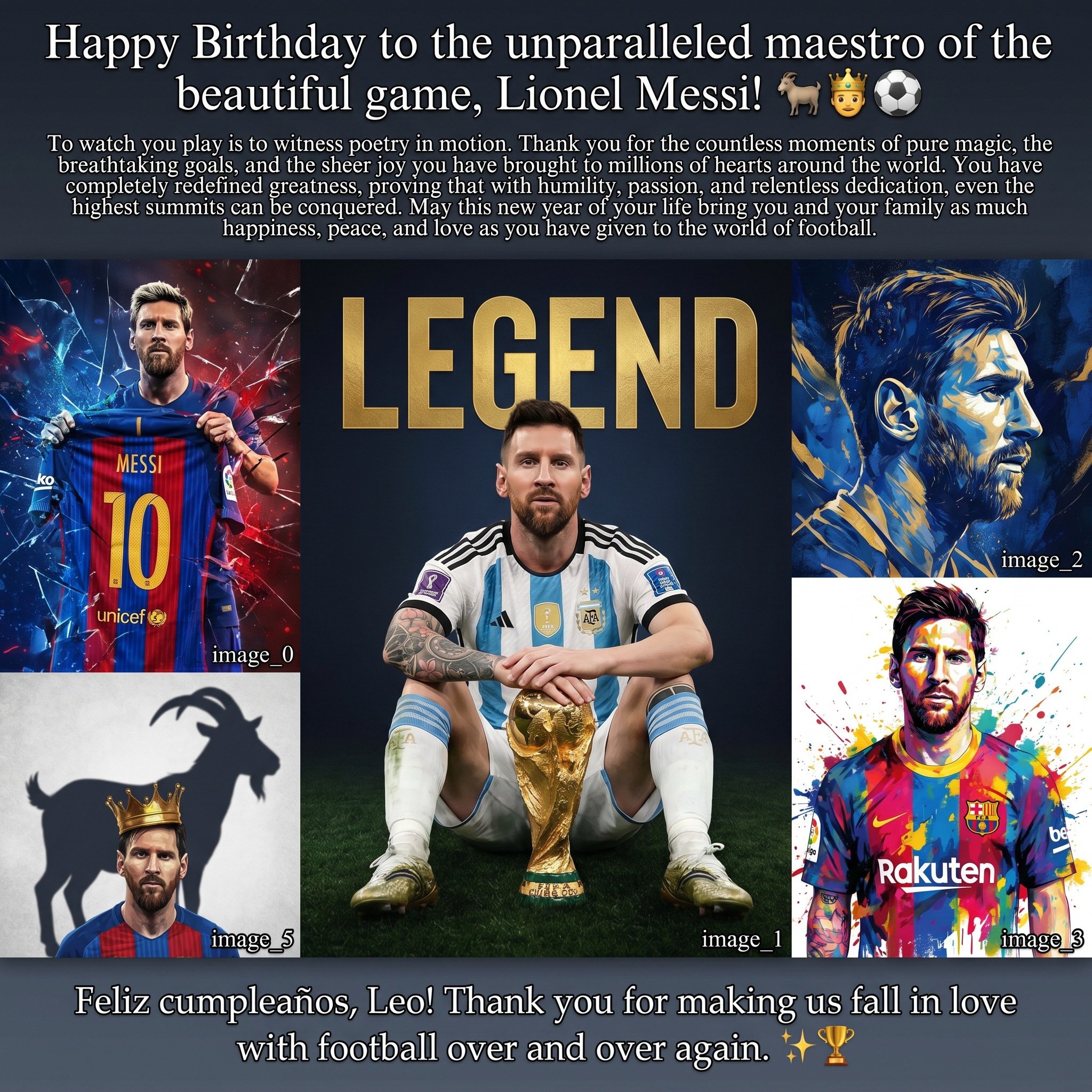 AI Design for Combine all the photos in a  single photo and add this text.
To watch you play is to witness poetry in motion. Thank you for the countless moments of pure magic, the breathtaking goals, and the sheer joy you have brought to millions of hearts around the world. You have completely redefined greatness, proving that with humility, passion, and relentless dedication, even the highest summits can be conquered.
May this new year of your life bring you and your family as much happiness, peace, and love as you have given to the world of football.
Feliz cumpleaños, Leo! Thank you for making us fall in love with football over and over again. ✨🏆

Add the heading as Happy Birthday to the unparalleled maestro of the beautiful game, Lionel Messi!🐐🤴⚽️
And at last add this one Feliz cumpleaños, Leo! Thank you for making us fall in love with football over and over again. ✨🏆
