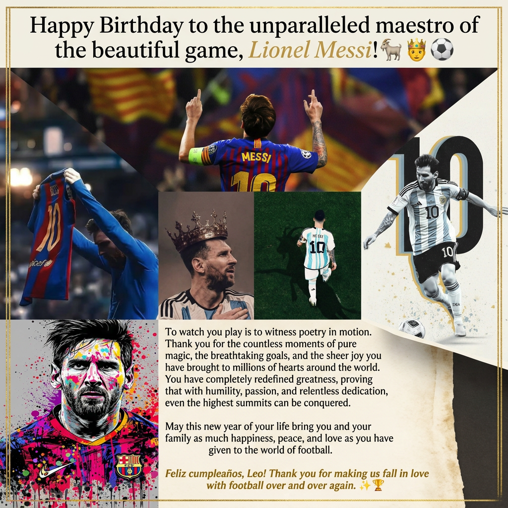 AI Design for Combine all the photos in a single photo  and add this text.
To watch you play is to witness poetry in motion. Thank you for the countless moments of pure magic, the breathtaking goals, and the sheer joy you have brought to millions of hearts around the world. You have completely redefined greatness, proving that with humility, passion, and relentless dedication, even the highest summits can be conquered.
May this new year of your life bring you and your family as much happiness, peace, and love as you have given to the world of football.
Feliz cumpleaños, Leo! Thank you for making us fall in love with football over and over again. ✨🏆

Add the heading as Happy Birthday to the unparalleled maestro of the beautiful game, Lionel Messi!🐐🤴⚽️
And at last add this one Feliz cumpleaños, Leo! Thank you for making us fall in love with football over and over again. ✨🏆