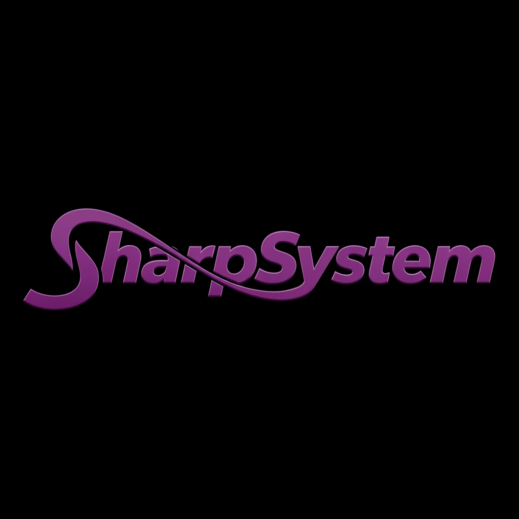 AI Design for I want a text Only Logo the text should be connected adn balzingly Good the naem is SharpSyste?>?? I want simpel Purple please simpel ettx no effetcs just bidly italic connection no italic ewll bundy "SharpSystem" The text should eb connected to each other like the last ray of S conecnts to satrt writign h