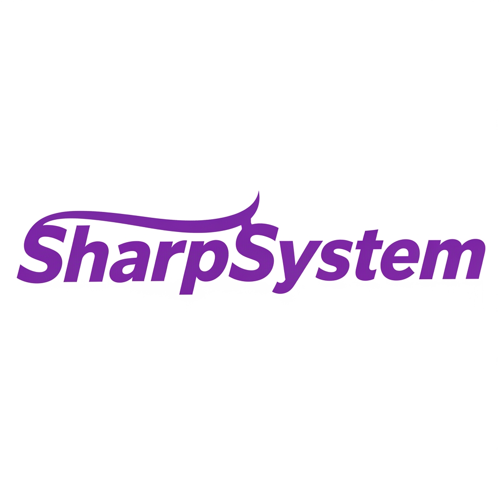 AI Design for I want a text Only Logo the text should be connected adn balzingly Good the naem is SharpSyste?>?? I want simpel Purple please simpel ettx no effetcs just bidly italic connection no italic ewll bundy "SharpSystem" The text should eb connected to each other like the last ray of S conecnts to satrt writign h