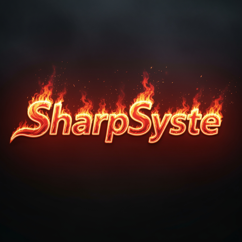 AI Design for I want a text Only Logo the text should be connected adn balzingly Good the naem is SharpSyste?>??