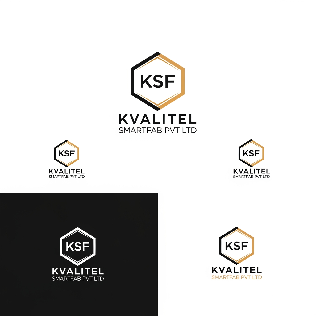 AI Design for Create a premium, modern, minimal corporate logo for KVALITEL SMARTFAB PVT LTD using KSF as the main logo mark.

The new logo should be inspired by my current concept where KSF is the central focus and there is a subtle framing element around it, but it must be much more refined, premium, balanced and professional.

Design goals:

• Make KSF look like a strong custom monogram, not just plain typed text  
• Keep the design simple, elegant and timeless  
• Add a subtle frame / structure / outline around KSF inspired by my current logo concept, but cleaner and more premium  
• The logo should feel like a serious industrial brand, but not old-fashioned or bulky  
• It should look suitable for a manufacturing / engineering company, while still feeling high-end and modern  
• Avoid obvious mechanical icons like gears, nuts, pipes etc.  
• Use geometry, spacing, line balance and form to create the industrial feel instead of cliché symbols  
• The design should work well on visiting cards, company profile, website, machine branding and packaging

Style direction:

• Premium corporate
• Minimal
• Industrial-modern
• Monogram-focused
• Clean linework
• Strong visual balance
• Luxury engineering aesthetic

Color direction:

• Prefer black / dark grey / steel grey / deep blue tones
• Can also show one version in a metallic or premium industrial style
• White background presentation

Typography:

• “KSF” should be the hero
• “KVALITEL SMARTFAB PVT LTD” can appear below in clean professional typography if needed
• Typography should feel modern, sharp and corporate

Output requirement:

Show 3 different logo concepts:
1. Pure KSF monogram logo  
2. KSF with a minimal framing element  
3. KSF with subtle precision-line detailing / industrial styling