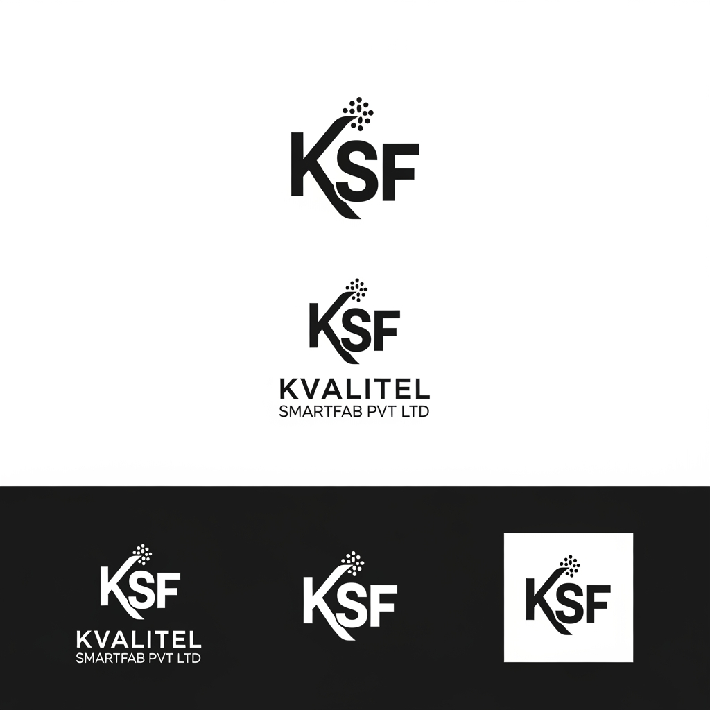 AI Design for Create a premium, modern, minimal corporate logo for KVALITEL SMARTFAB PVT LTD using KSF as the main logo mark.

The new logo should be inspired by my current concept where KSF is the central focus and there is a subtle framing element around it, but it must be much more refined, premium, balanced and professional.

Design goals:

• Make KSF look like a strong custom monogram, not just plain typed text  
• Keep the design simple, elegant and timeless  
• Add a subtle frame / structure / outline around KSF inspired by my current logo concept, but cleaner and more premium  
• The logo should feel like a serious industrial brand, but not old-fashioned or bulky  
• It should look suitable for a manufacturing / engineering company, while still feeling high-end and modern  
• Avoid obvious mechanical icons like gears, nuts, pipes etc.  
• Use geometry, spacing, line balance and form to create the industrial feel instead of cliché symbols  
• The design should work well on visiting cards, company profile, website, machine branding and packaging

Style direction:

• Premium corporate
• Minimal
• Industrial-modern
• Monogram-focused
• Clean linework
• Strong visual balance
• Luxury engineering aesthetic

Color direction:

• Prefer black / dark grey / steel grey / deep blue tones
• Can also show one version in a metallic or premium industrial style
• White background presentation

Typography:

• “KSF” should be the hero
• “KVALITEL SMARTFAB PVT LTD” can appear below in clean professional typography if needed
• Typography should feel modern, sharp and corporate

Output requirement:

Show 3 different logo concepts:
1. Pure KSF monogram logo  
2. KSF with a minimal framing element  
3. KSF with subtle precision-line detailing / industrial styling