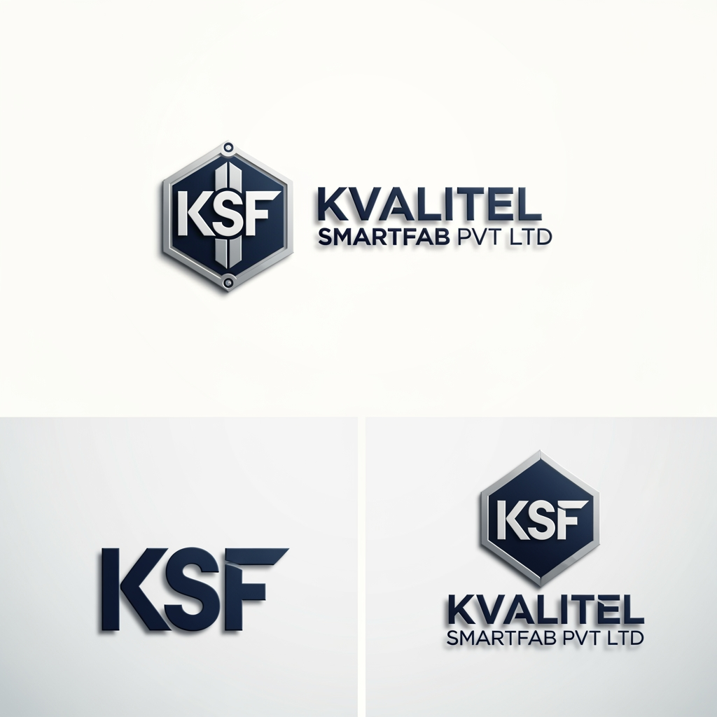 AI Design for Create a premium, modern, minimal corporate logo for KVALITEL SMARTFAB PVT LTD using KSF as the main logo mark.

The new logo should be inspired by my current concept where KSF is the central focus and there is a subtle framing element around it, but it must be much more refined, premium, balanced and professional.

Design goals:

• Make KSF look like a strong custom monogram, not just plain typed text  
• Keep the design simple, elegant and timeless  
• Add a subtle frame / structure / outline around KSF inspired by my current logo concept, but cleaner and more premium  
• The logo should feel like a serious industrial brand, but not old-fashioned or bulky  
• It should look suitable for a manufacturing / engineering company, while still feeling high-end and modern  
• Avoid obvious mechanical icons like gears, nuts, pipes etc.  
• Use geometry, spacing, line balance and form to create the industrial feel instead of cliché symbols  
• The design should work well on visiting cards, company profile, website, machine branding and packaging

Style direction:

• Premium corporate
• Minimal
• Industrial-modern
• Monogram-focused
• Clean linework
• Strong visual balance
• Luxury engineering aesthetic

Color direction:

• Prefer black / dark grey / steel grey / deep blue tones
• Can also show one version in a metallic or premium industrial style
• White background presentation

Typography:

• “KSF” should be the hero
• “KVALITEL SMARTFAB PVT LTD” can appear below in clean professional typography if needed
• Typography should feel modern, sharp and corporate

Output requirement:

Show 3 different logo concepts:
1. Pure KSF monogram logo  
2. KSF with a minimal framing element  
3. KSF with subtle precision-line detailing / industrial styling