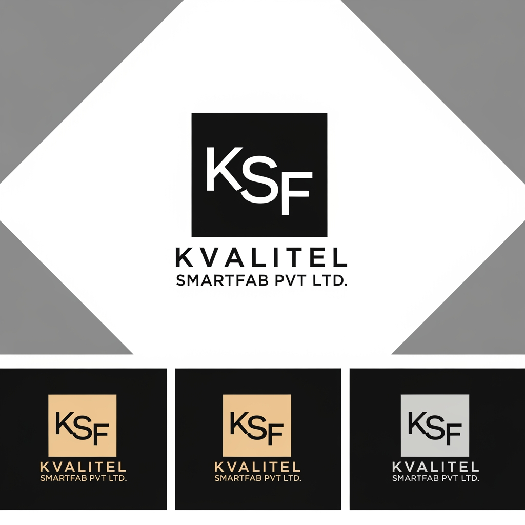 AI Design for Create a premium, modern, minimal corporate logo for KVALITEL SMARTFAB PVT LTD using KSF as the main logo mark.

The new logo should be inspired by my current concept where KSF is the central focus and there is a subtle framing element around it, but it must be much more refined, premium, balanced and professional.

Design goals:

• Make KSF look like a strong custom monogram, not just plain typed text  
• Keep the design simple, elegant and timeless  
• Add a subtle frame / structure / outline around KSF inspired by my current logo concept, but cleaner and more premium  
• The logo should feel like a serious industrial brand, but not old-fashioned or bulky  
• It should look suitable for a manufacturing / engineering company, while still feeling high-end and modern  
• Avoid obvious mechanical icons like gears, nuts, pipes etc.  
• Use geometry, spacing, line balance and form to create the industrial feel instead of cliché symbols  
• The design should work well on visiting cards, company profile, website, machine branding and packaging

Style direction:

• Premium corporate
• Minimal
• Industrial-modern
• Monogram-focused
• Clean linework
• Strong visual balance
• Luxury engineering aesthetic

Color direction:

• Prefer black / dark grey / steel grey / deep blue tones
• Can also show one version in a metallic or premium industrial style
• White background presentation

Typography:

• “KSF” should be the hero
• “KVALITEL SMARTFAB PVT LTD” can appear below in clean professional typography if needed
• Typography should feel modern, sharp and corporate

Output requirement:

Show 3 different logo concepts:
1. Pure KSF monogram logo  
2. KSF with a minimal framing element  
3. KSF with subtle precision-line detailing / industrial styling