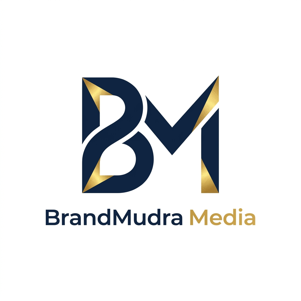 AI Design for A sophisticated and modern logo design for BrandMudra Media, featuring a minimalist, abstract icon that blends fluid, organic curves with sharp geometric precision. Utilize a professional color palette of deep navy blue and gold accents on a clean white background, emphasizing a balanced, symmetrical composition that conveys creativity and strategic excellence.