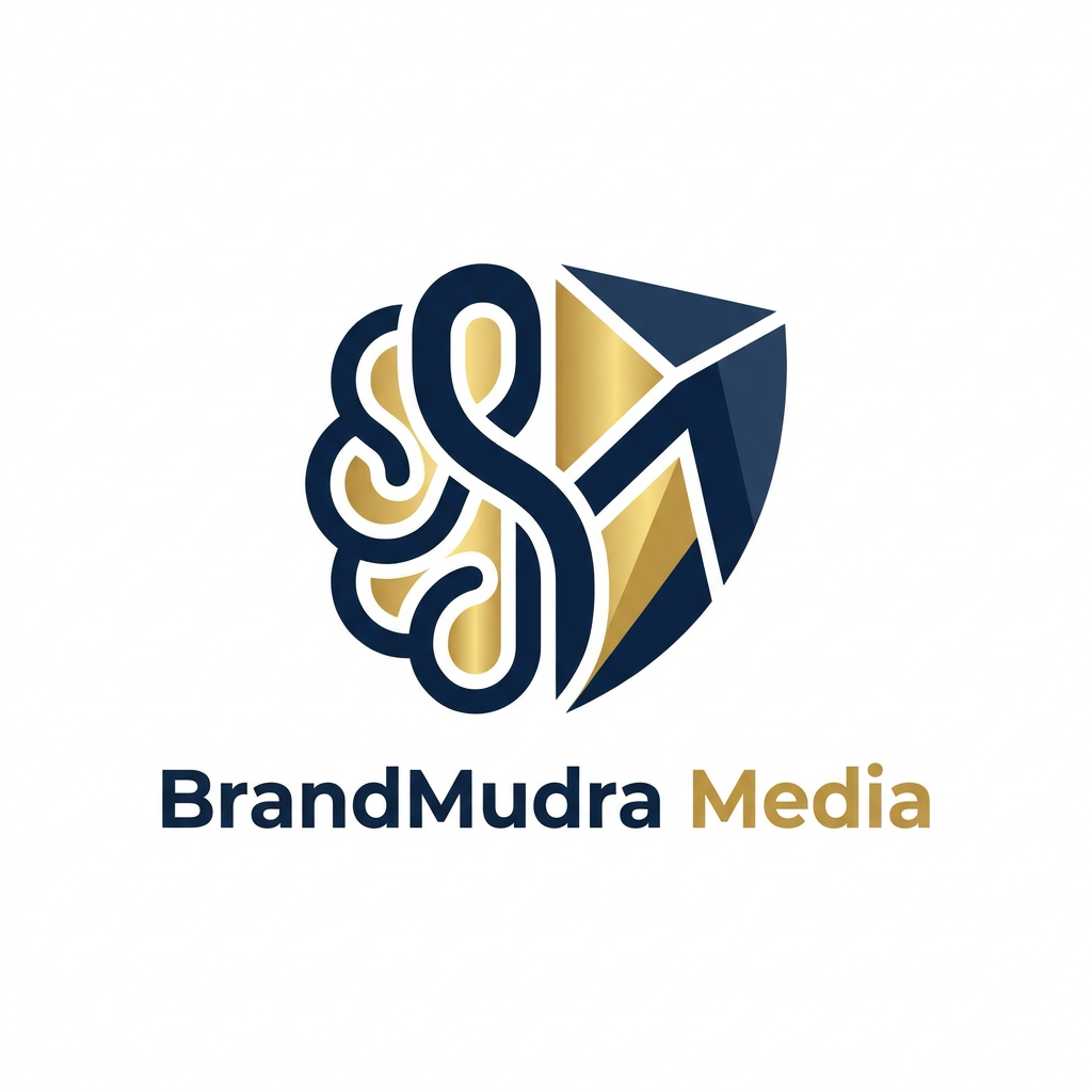 AI Design for A sophisticated and modern logo design for BrandMudra Media, featuring a minimalist, abstract icon that blends fluid, organic curves with sharp geometric precision. Utilize a professional color palette of deep navy blue and gold accents on a clean white background, emphasizing a balanced, symmetrical composition that conveys creativity and strategic excellence.