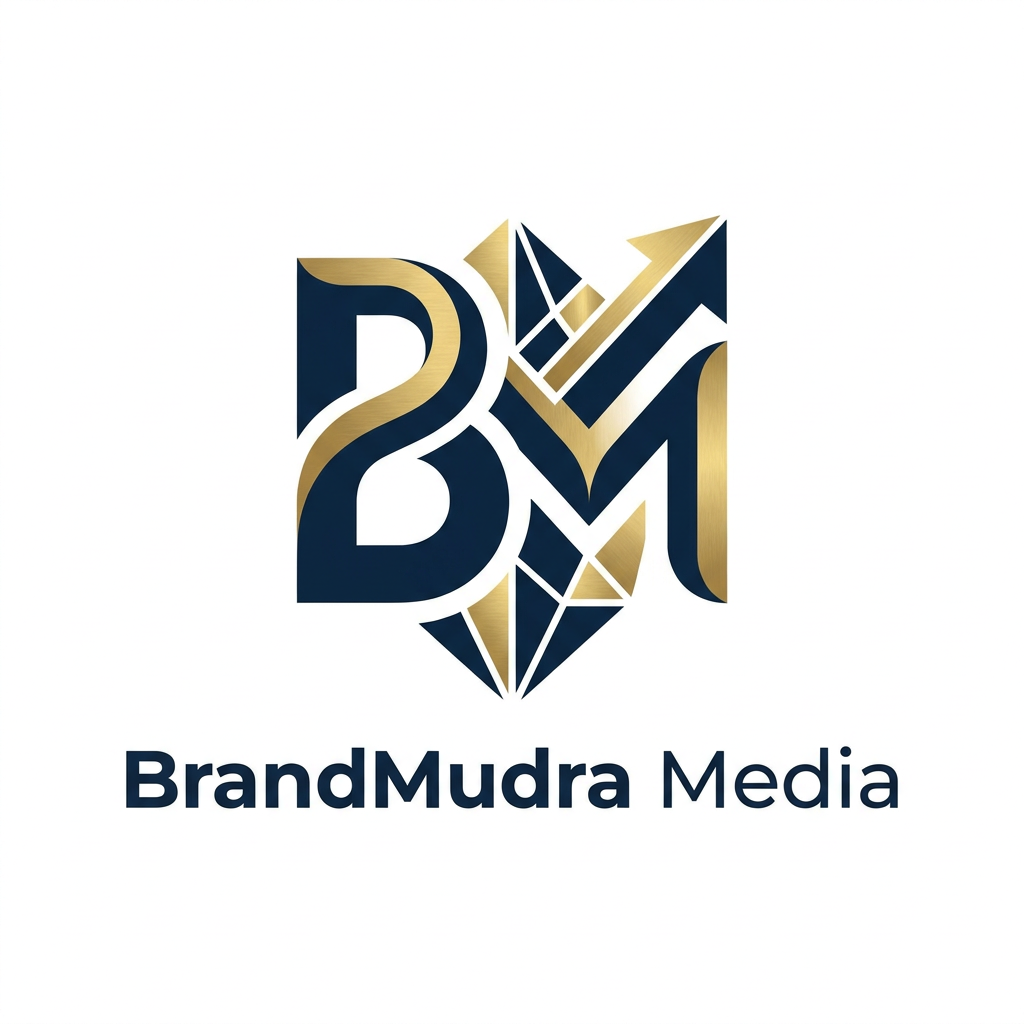 AI Design for A sophisticated and modern logo design for BrandMudra Media, featuring a minimalist, abstract icon that blends fluid, organic curves with sharp geometric precision. Utilize a professional color palette of deep navy blue and gold accents on a clean white background, emphasizing a balanced, symmetrical composition that conveys creativity and strategic excellence.