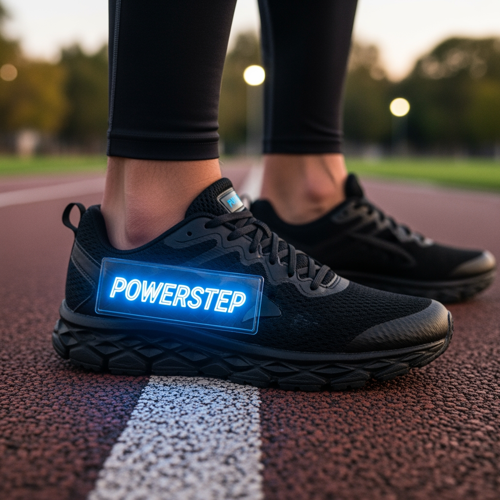 AI Design for powerstep (my brand name) in it a shoe with an electric sign on it