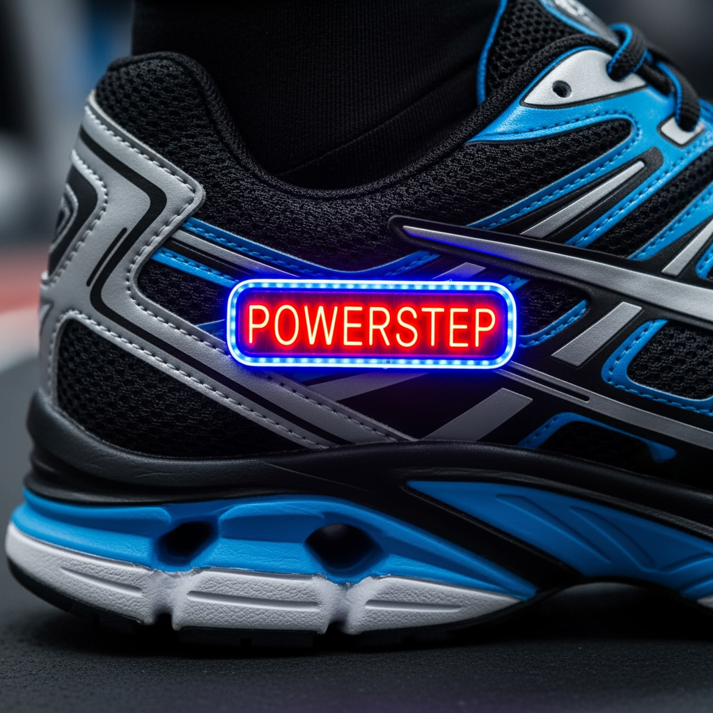 AI Design for powerstep (my brand name) in it a shoe with an electric sign on it