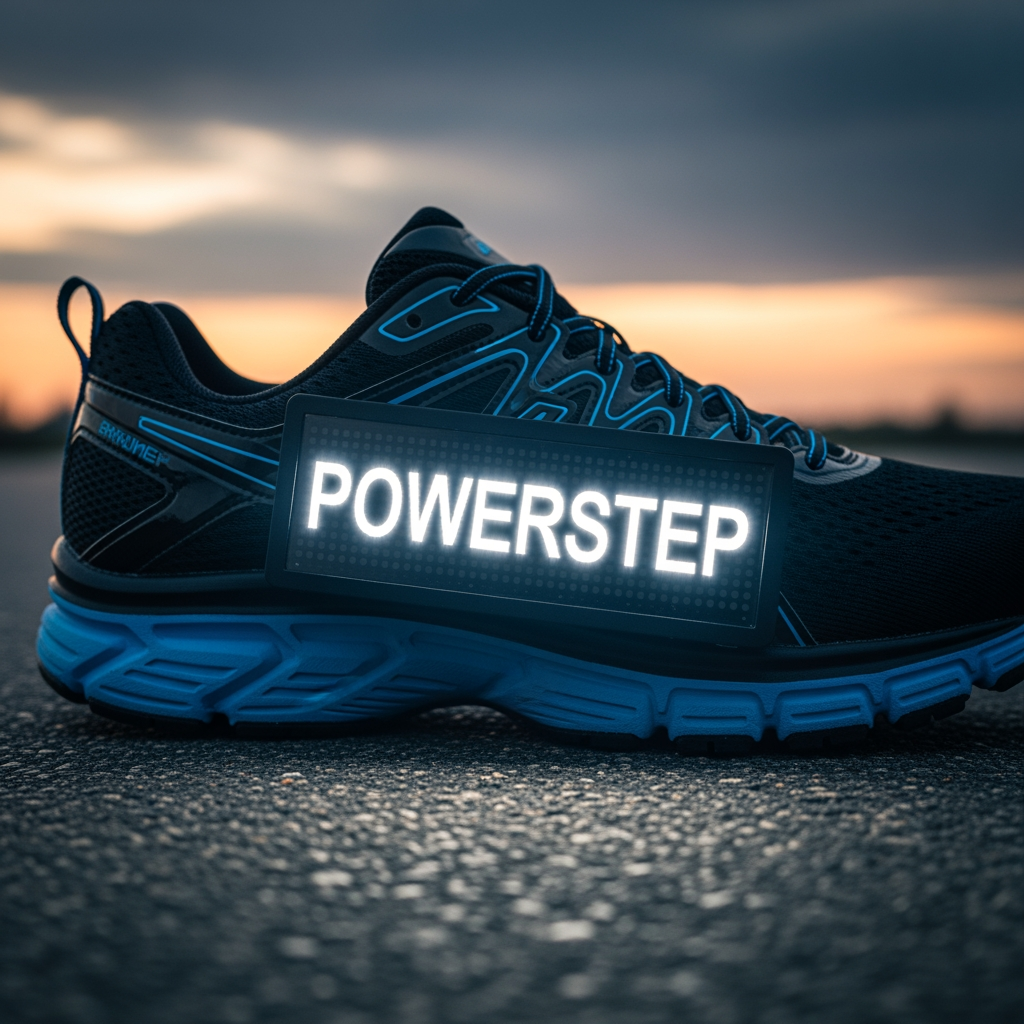 AI Design for powerstep (my brand name) in it a shoe with an electric sign on it