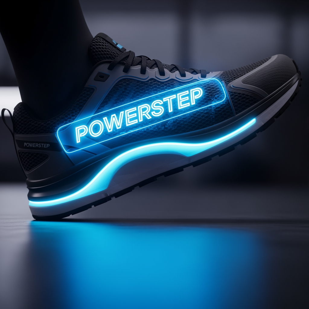 AI Design for powerstep (my brand name) in it a shoe with an electric sign on it
