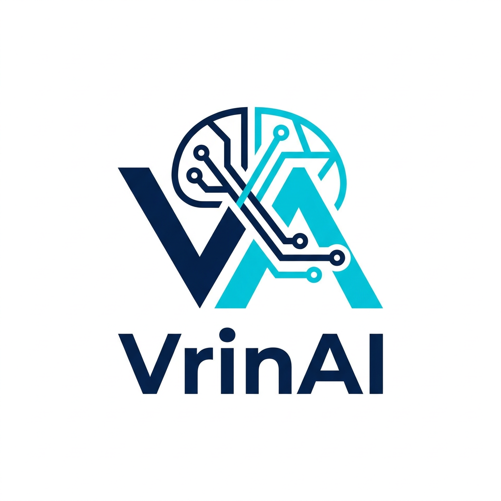 AI Design for A sleek, modern minimalist logo design for a brand named VrinAI, featuring abstract geometric shapes that suggest innovation and connectivity. Use a sophisticated color palette of deep navy blue and vibrant cyan, with clean lines, balanced symmetry, and a professional vector-style aesthetic on a stark white background.