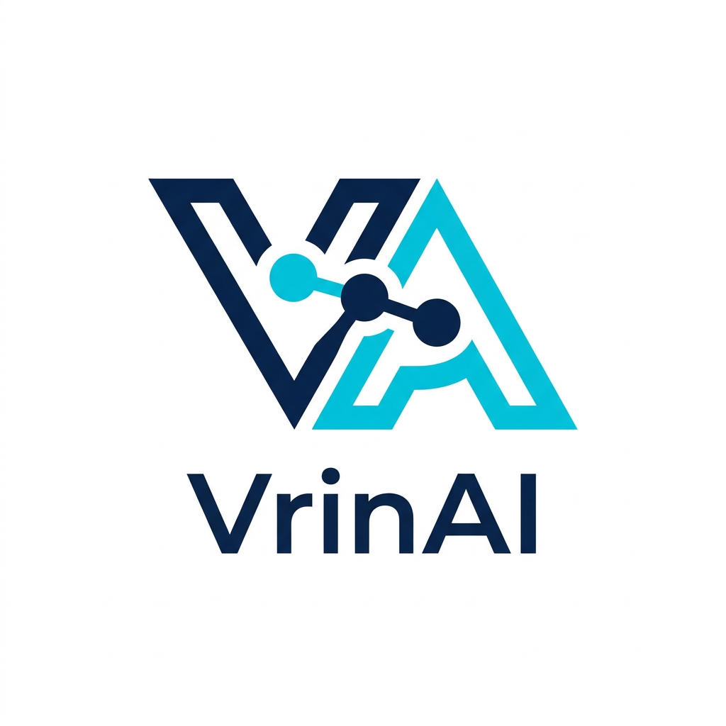 AI Design for A sleek, modern minimalist logo design for a brand named VrinAI, featuring abstract geometric shapes that suggest innovation and connectivity. Use a sophisticated color palette of deep navy blue and vibrant cyan, with clean lines, balanced symmetry, and a professional vector-style aesthetic on a stark white background.