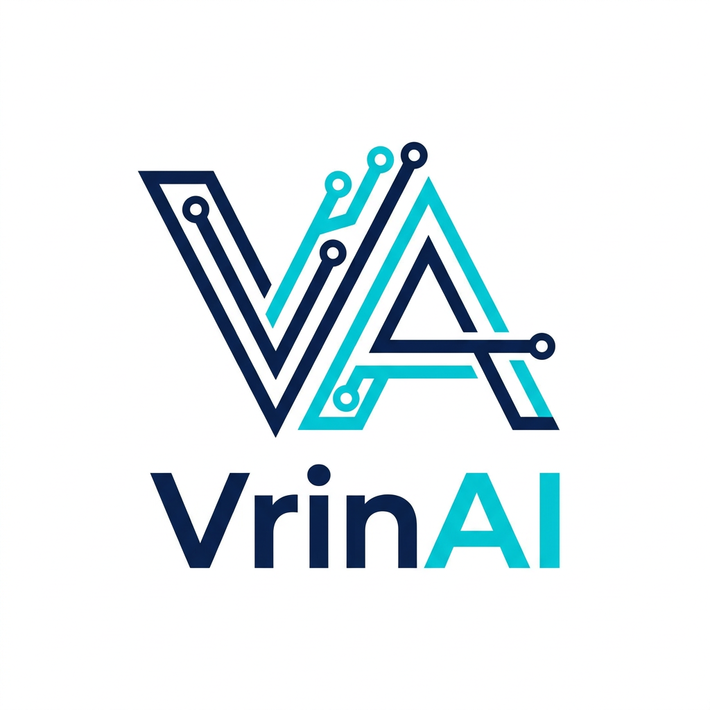 AI Design for A sleek, modern minimalist logo design for a brand named VrinAI, featuring abstract geometric shapes that suggest innovation and connectivity. Use a sophisticated color palette of deep navy blue and vibrant cyan, with clean lines, balanced symmetry, and a professional vector-style aesthetic on a stark white background.