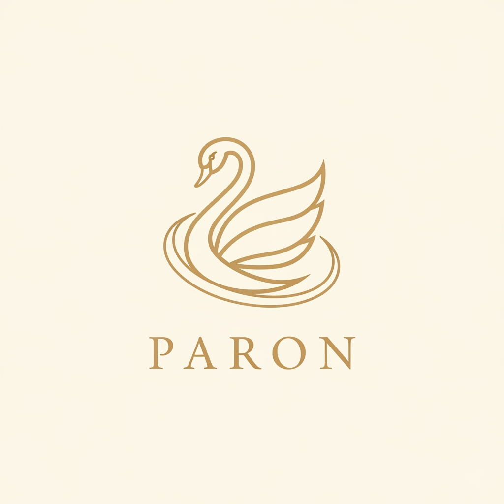 AI Design for Design a premium, minimalist luxury jewellery logo for a brand named PARON.

Place an elegant abstract swan symbol above the wordmark. The swan should be inspired by a Rajhans (Hamsa) and constructed using clean, flowing curves with balanced symmetry. Reduce the overall size and visual weight of the swan symbol by 20% compared to a typical luxury logo, making it feel refined, understated, and sophisticated rather than dominant.

The swan should be enclosed within a subtle circular flow, creating a sense of completeness, harmony, and timeless mastery. Avoid excessive feathers, facets, stars, gemstones, ornaments, gradients, shadows, glows, 3D effects, metallic textures, or decorative embellishments.

The logo must feel:

Timeless
Noble
Premium
Effortlessly elegant
Inspired by heritage craftsmanship
Suitable for a high-end jewellery house

Use a flat 2D vector style with crisp lines and perfect proportions. Maintain generous negative space and a strong luxury aesthetic similar to world-class jewellery maisons.

The brand name PARON should appear below the symbol in Erial font (exact font), with refined letter spacing and balanced proportions. The typography should be clean, minimal, and luxurious.

Colour palette:

Soft royal gold symbol
Warm champagne gold typography
Ivory or off-white background

No mockups, no business cards, no packaging, no watermark, no textures. Present only the logo on a clean background.

Style Keywords: Minimal luxury, fine jewellery, royal elegance, Rajhans symbolism, noble mastery, heritage craftsmanship, premium branding, flat vector logo, understated sophistication.