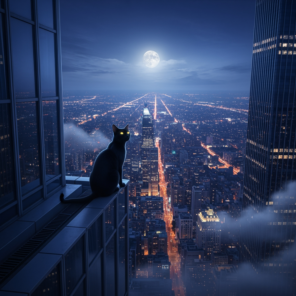 AI Design for create a pc wallpaper of A alone cat seated on the very highest building alone on the roof top at night view