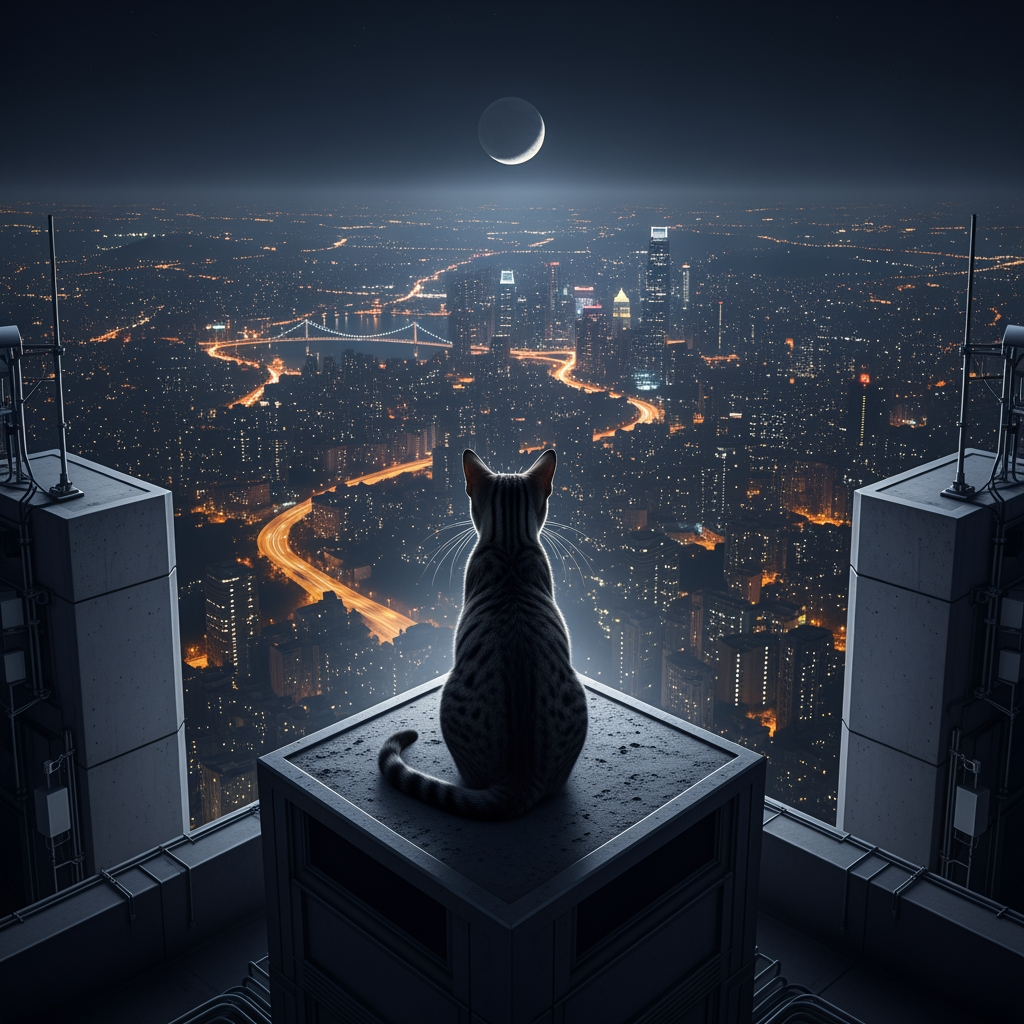 AI Design for create a pc wallpaper of A alone cat seated on the very highest building alone on the roof top at night view