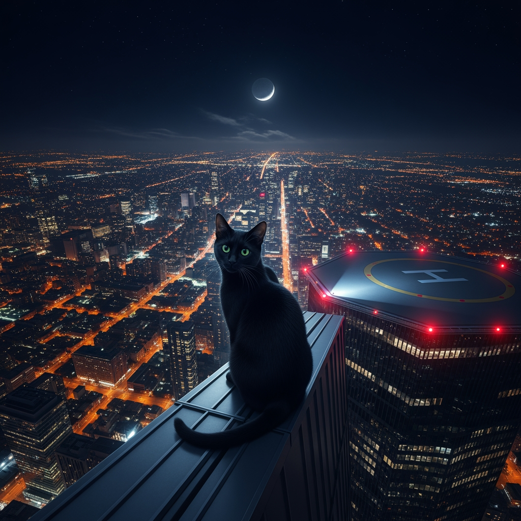 AI Design for create a pc wallpaper of A alone cat seated on the very highest building alone on the roof top at night view