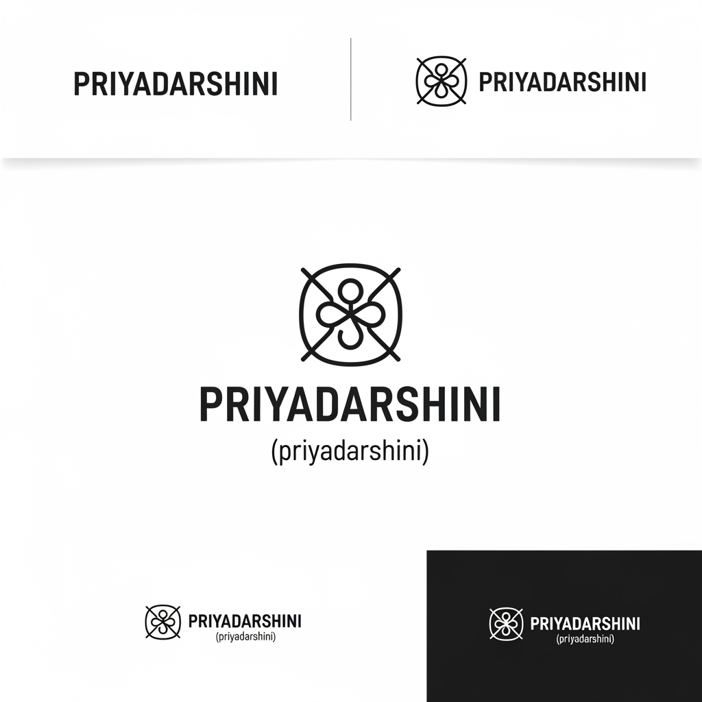 AI Design for Design an award winning minimalist logo for **പ്രിയദർശിനി (Priyadarshini)**, a Kerala women empowerment and public mobility initiative. The logo should be deeply rooted in the meaning of the word *Priyadarshini* — The word Priyadarshini (പ്രിയദർശിനി) comes from Sanskrit:

Priya (प्रिया) = beloved, dear, cherished
Darshini (दर्शिनी) = one who is seen, one who beholds, one with a pleasing presence

Combined meanings include:

"Beloved and admired"
"Pleasant to behold"
"One who looks upon others with kindness"
"A gracious and inspiring presence"
"Dear to all who see her" 

Create a sophisticated geometric symbol where the silhouette of a woman is seamlessly integrated through negative space. The woman should appear confident, welcoming, and moving forward, symbolizing freedom, dignity, opportunity, accessibility, and progress. The form should subtly evoke a gentle gaze, open arms, a rising path, and a brighter future without using literal transportation elements. 

The logo icon should cleverly combine:

• A graceful feminine form
• A forward moving curve representing life's journey
• An uplifting wing or flowing fabric symbolizing freedom
• A subtle sunrise or horizon representing new opportunities
• Hidden Malayalam character "പ്ര" integrated through negative space

Color palette inspired by Kerala KSRTC ordinary buses:

• KSRTC Sky Blue #3E8ED0
• Clean White #FFFFFF
• Deep Navy Accent #1F3B5C

The blue should represent trust, public service, mobility, safety, and reliability. White should symbolize inclusivity, transparency, dignity, and hope.

Design style:

• Scandinavian minimalism
• Flat vector design
• Strong geometric construction
• Clean monoline curves
• Timeless public service branding
• Memorable at small sizes
• Perfect balance of emotion and authority
• Premium government initiative aesthetic

Avoid:

• Bus icons
• Wheels
• Roads
• Maps
• Generic female clipart
• Complex illustrations
• Gradients
• Shadows
• 3D effects

Typography:

• Modern sans serif with excellent readability
• Malayalam wordmark only: "പ്രിയദർശിനി"
• Elegant spacing and clean alignment

Presentation:

• Main logo on white background
• Horizontal and stacked versions
• Monochrome version
• Brand identity showcase
• Vector precision
• International design award quality
• Similar sophistication to Olympic branding, Airbnb symbol design, and modern public infrastructure identities

Aspect ratio 1:1, ultra high resolution, professional logo presentation board.