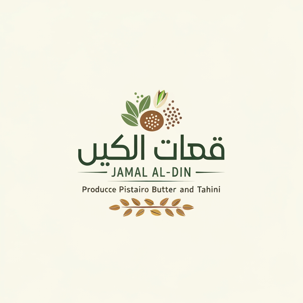AI Design for i want a new logo for brand  would like a logo for a shop specializing in the production of pistachio butter and tahini, as well as savory snacks and grains, under the name "Jamal Al-Din" (in Arabic).nd