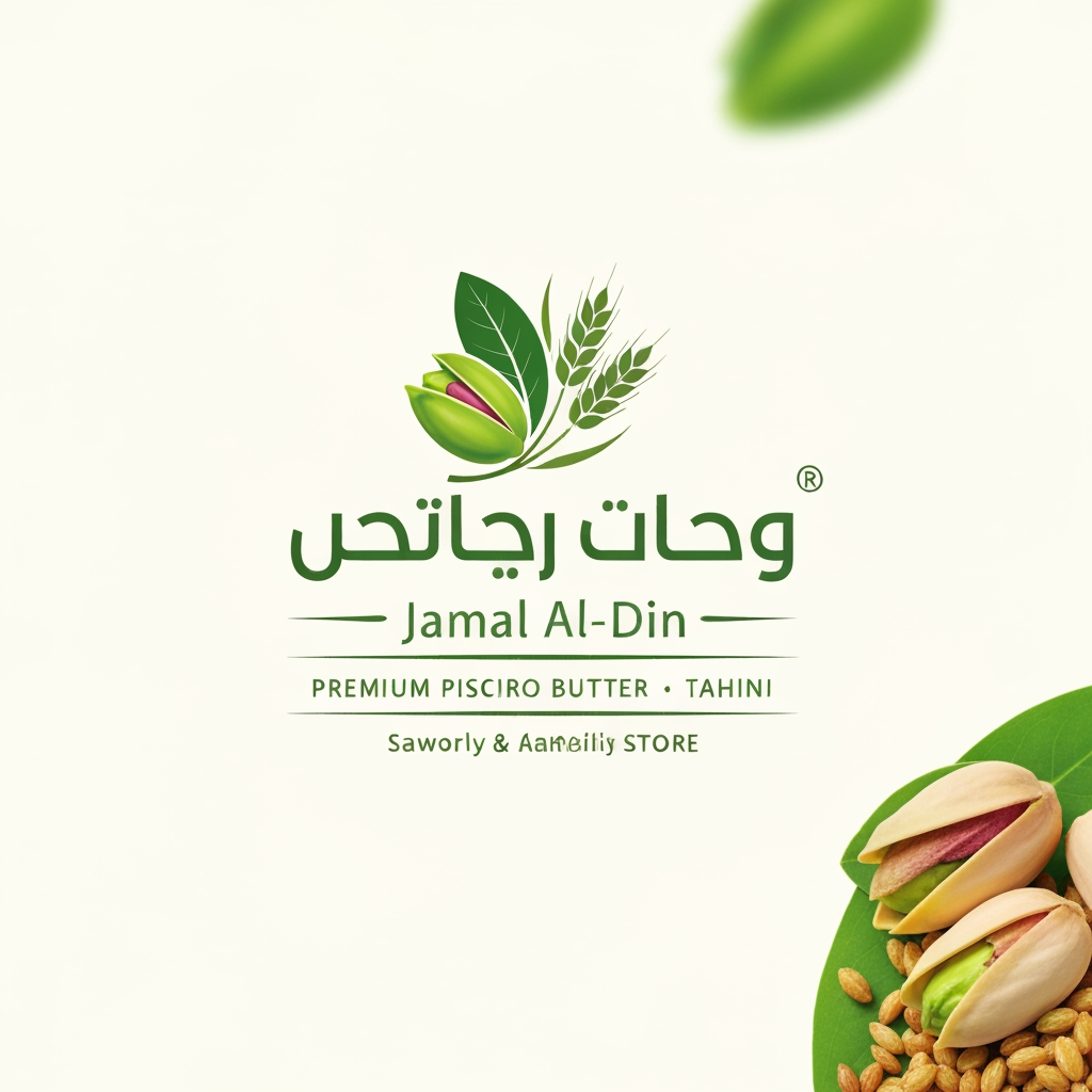 AI Design for i want a new logo for brand  would like a logo for a shop specializing in the production of pistachio butter and tahini, as well as savory snacks and grains, under the name "Jamal Al-Din" (in Arabic).nd