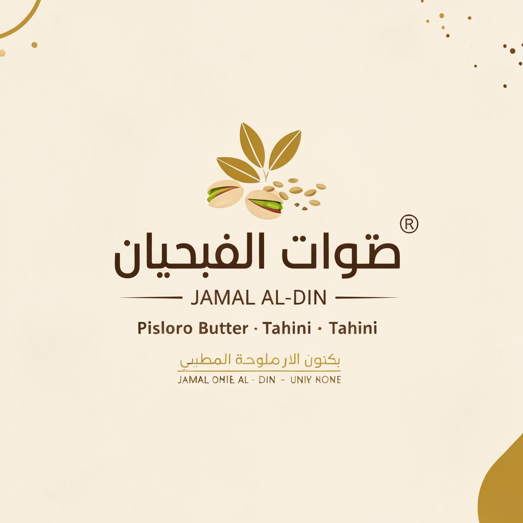 AI Design for i want a new logo for brand  would like a logo for a shop specializing in the production of pistachio butter and tahini, as well as savory snacks and grains, under the name "Jamal Al-Din" (in Arabic).nd
