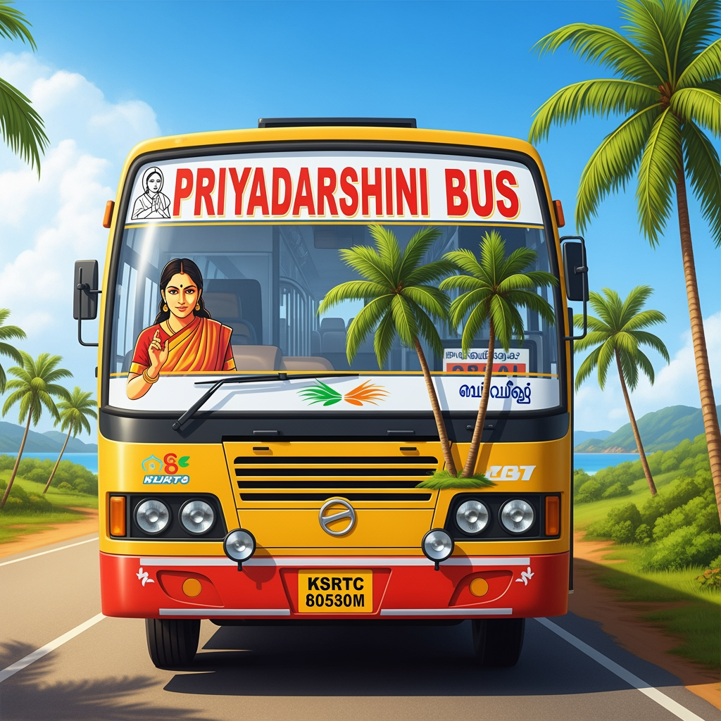 AI Design for (പ്രിയദർശിനി ബസ്)---the 1st letter in front of paa add a women and add coconut treeafter sa  and na ----add bus പ്രിയദർശിനി (here) ബസ്