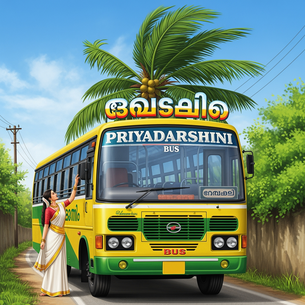 AI Design for (പ്രിയദർശിനി ബസ്)---the 1st letter in front of paa add a women and add coconut treeafter sa  and na ----add bus പ്രിയദർശിനി (here) ബസ്