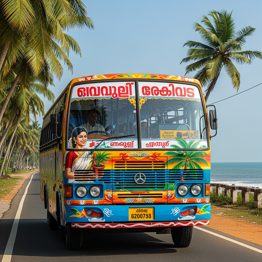 AI Design for (പ്രിയദർശിനി ബസ്)---the 1st letter in front of paa add a women and add coconut treeafter sa  and na ----add bus പ്രിയദർശിനി (here) ബസ്