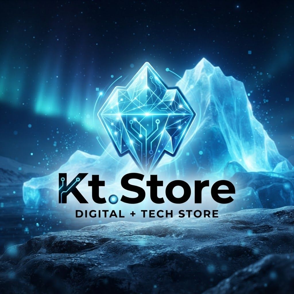 AI Design for Kt.Store name ka ek digital +tec jor kar ek unique glas effwest blue and font black ke sath ice berg logo gernet karo fast