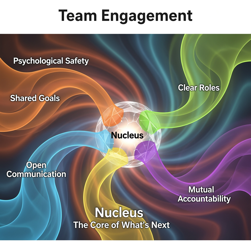 AI Design for name Nucleus  and text The Core of What's Next its for team engagement we would like to incorporate more dynamics to it "psychological safety, shared goals, clear roles, open communication, and mutual accountability. are the dynamic