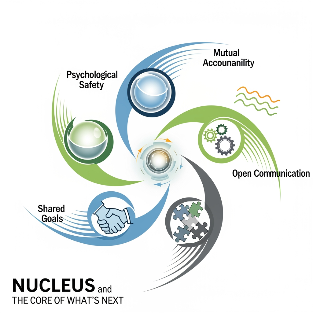 AI Design for title Nucleus and The Core of What's Next text andits for team engagement we would like to incorporate more dynamics to it "psychological safety, shared goals, clear roles, open communication, and mutual accountability. are the dynamic logos any other  without text in image Simple