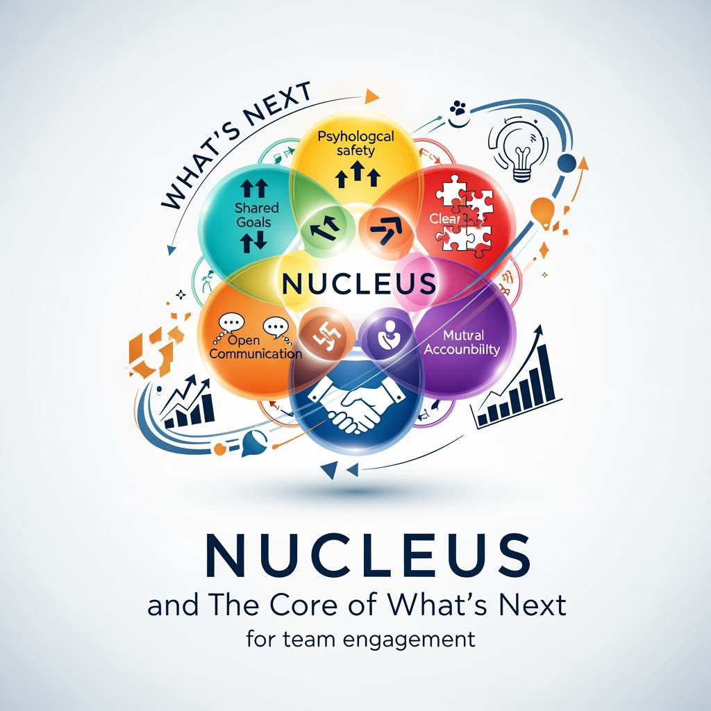 AI Design for title Nucleus and The Core of What's Next text andits for team engagement we would like to incorporate more dynamics to it "psychological safety, shared goals, clear roles, open communication, and mutual accountability. are the dynamic logos any other simple
