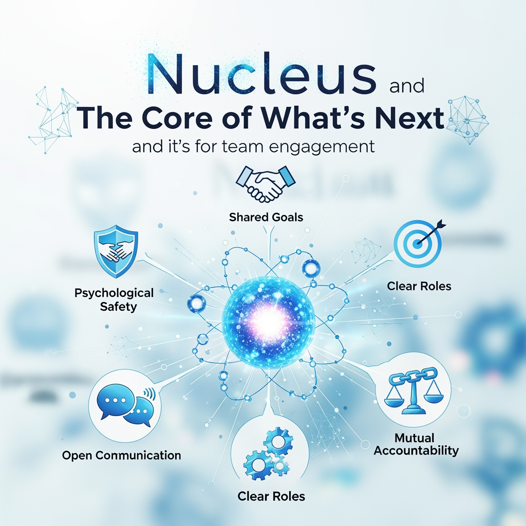 AI Design for title Nucleus and The Core of What's Next text andits for team engagement we would like to incorporate more dynamics to it "psychological safety, shared goals, clear roles, open communication, and mutual accountability. are the dynamic logos