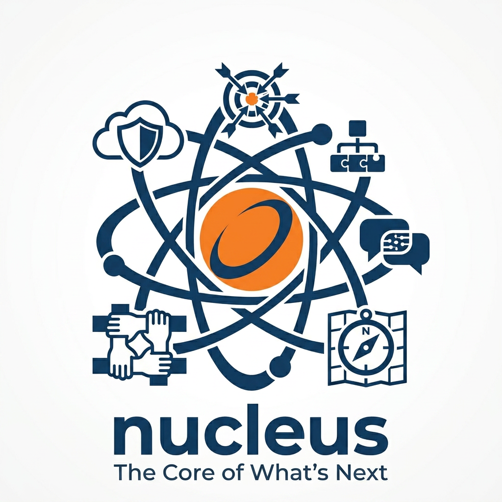 AI Design for title Nucleus and The Core of What's Next text andits for team engagement we would like to incorporate more dynamics to it "psychological safety, shared goals, clear roles, open communication, and mutual accountability. are the dynamic logos any other  without text in image Simple like this