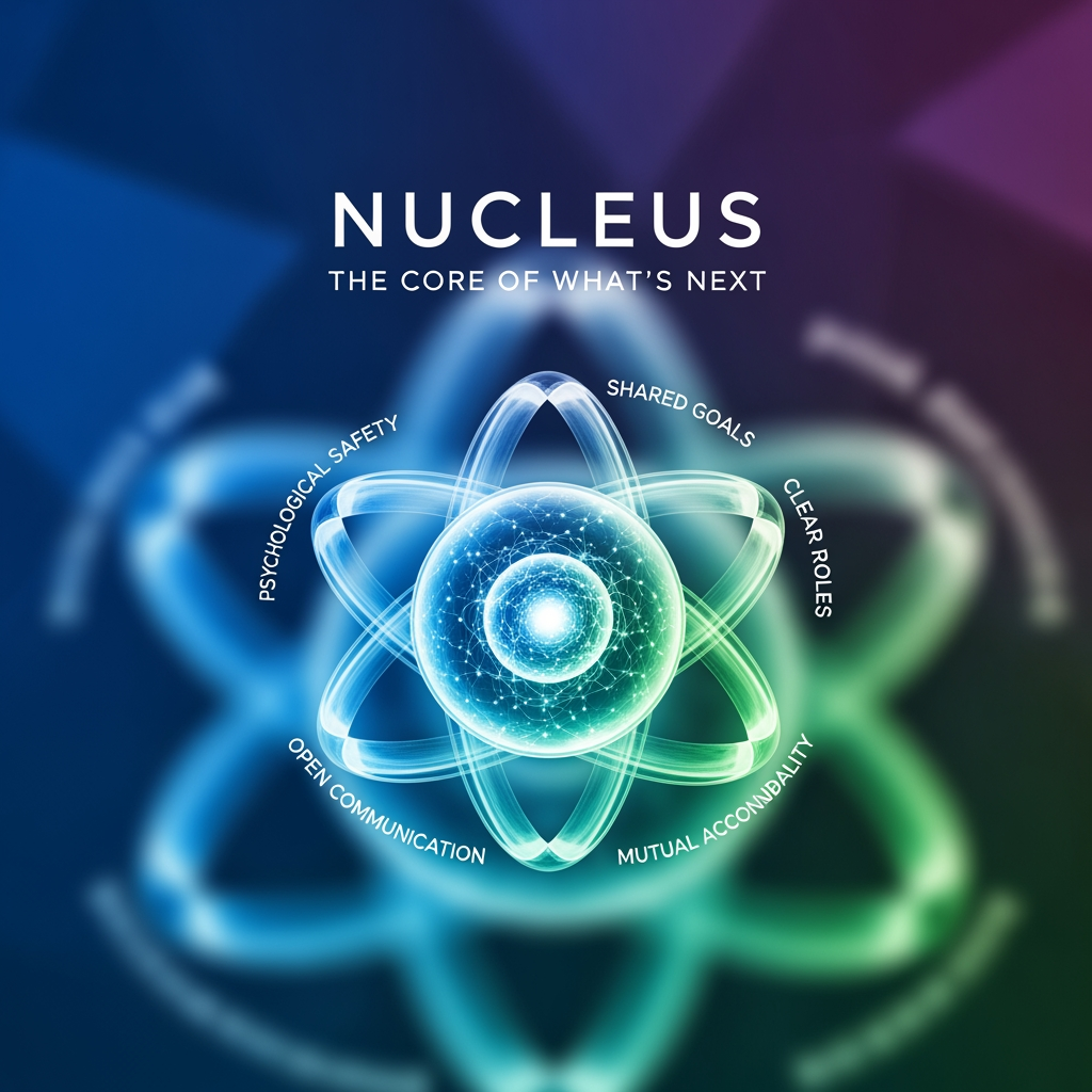 AI Design for name Nucleus  and text The Core of What's Next its for team engagement we would like to incorporate more dynamics to it "psychological safety, shared goals, clear roles, open communication, and mutual accountability. are the dynamic logo