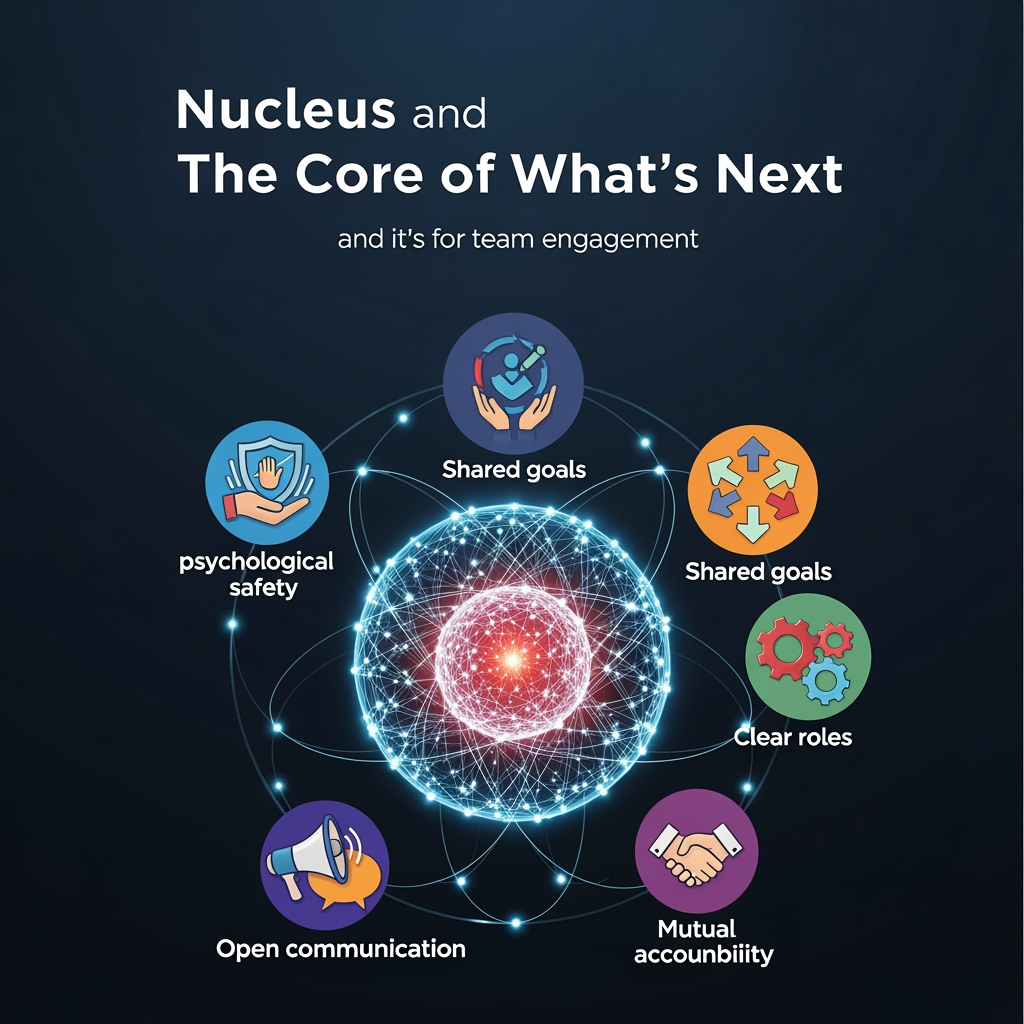 AI Design for title Nucleus and The Core of What's Next text andits for team engagement we would like to incorporate more dynamics to it "psychological safety, shared goals, clear roles, open communication, and mutual accountability. are the dynamic logos