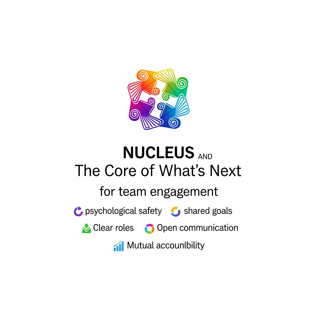 AI Design for title Nucleus and The Core of What's Next text andits for team engagement we would like to incorporate more dynamics to it "psychological safety, shared goals, clear roles, open communication, and mutual accountability. are the dynamic logos any other