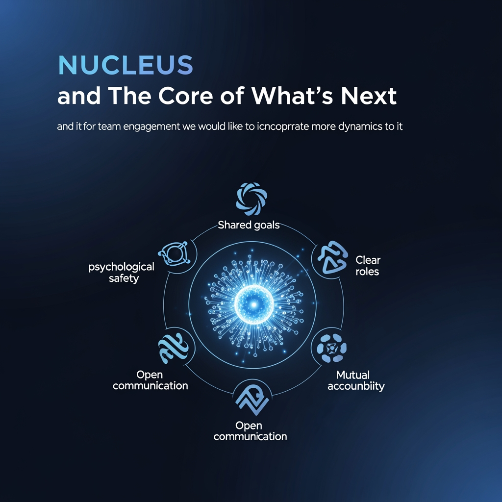 AI Design for title Nucleus and The Core of What's Next text andits for team engagement we would like to incorporate more dynamics to it "psychological safety, shared goals, clear roles, open communication, and mutual accountability. are the dynamic logos