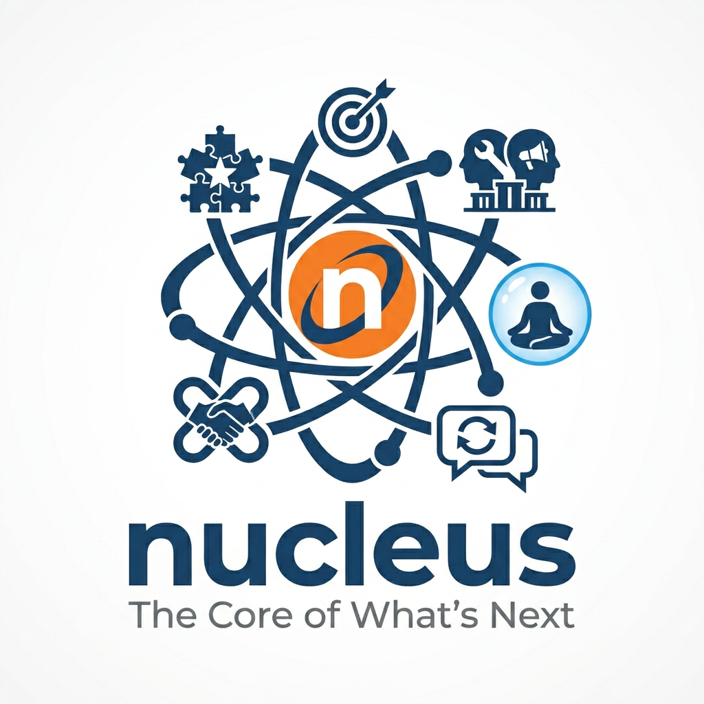 AI Design for title Nucleus and The Core of What's Next text andits for team engagement we would like to incorporate more dynamics to it "psychological safety, shared goals, clear roles, open communication, and mutual accountability. are the dynamic logos any other  without text in image Simple like this patten diffrent
