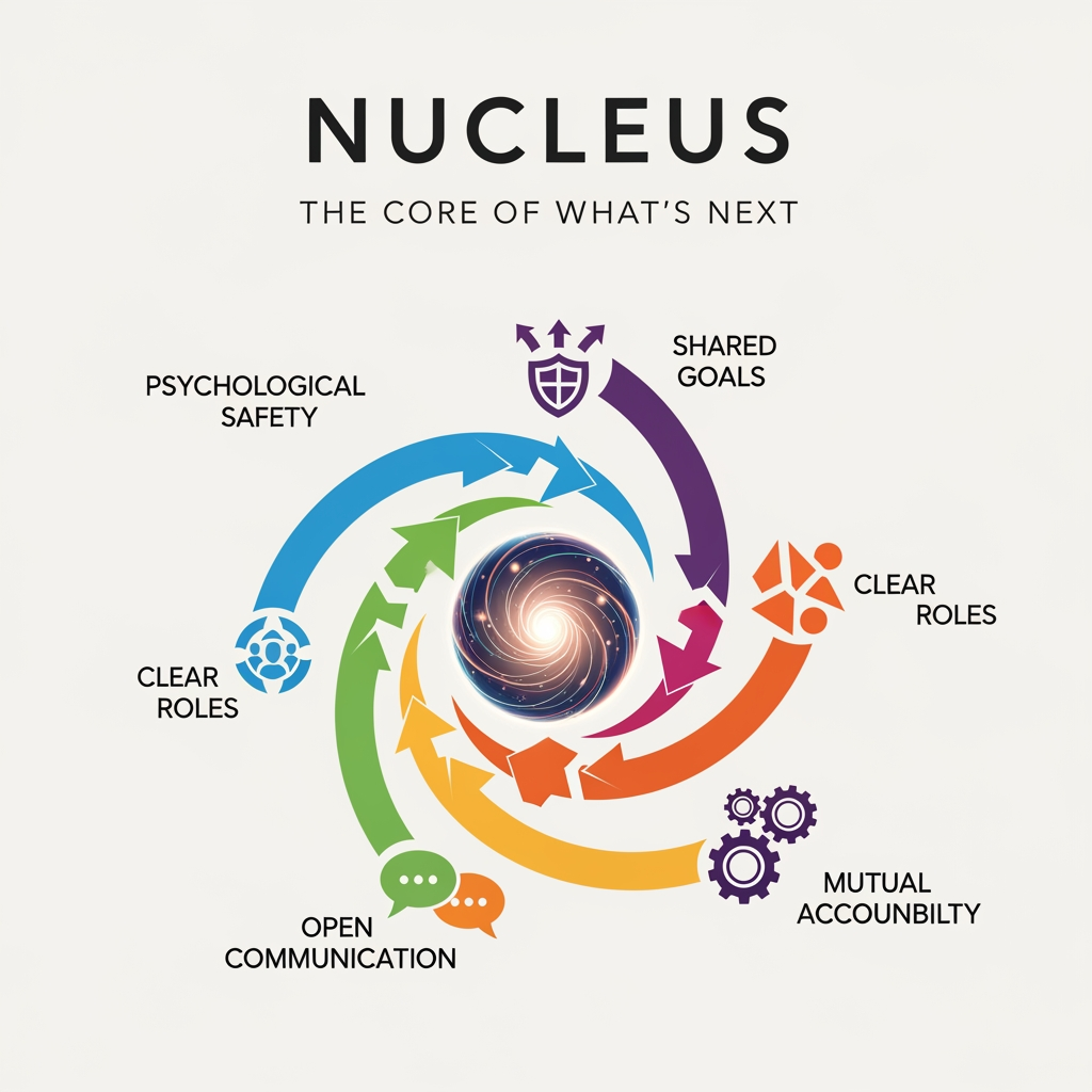 AI Design for name Nucleus  and text The Core of What's Next its for team engagement we would like to incorporate more dynamics to it "psychological safety, shared goals, clear roles, open communication, and mutual accountability. are the dynamic logo