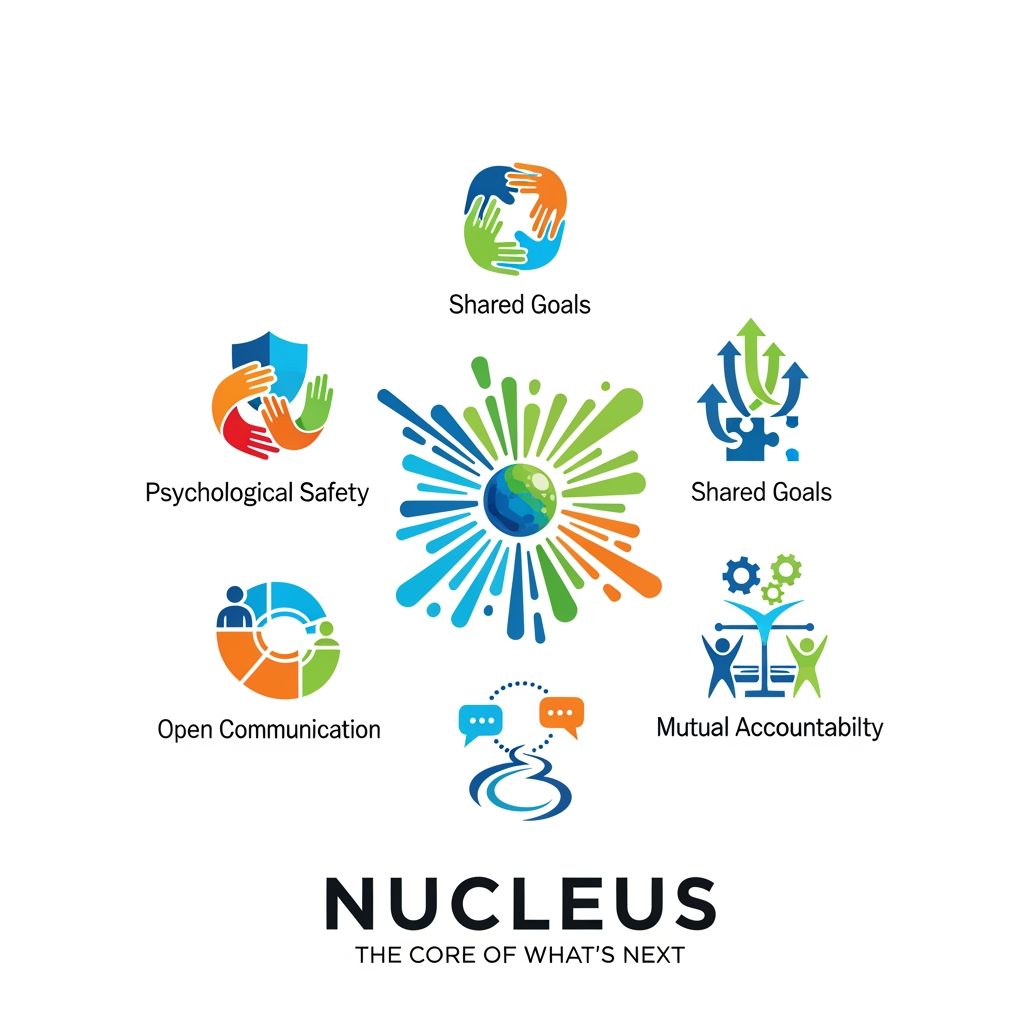 AI Design for title Nucleus and The Core of What's Next text andits for team engagement we would like to incorporate more dynamics to it "psychological safety, shared goals, clear roles, open communication, and mutual accountability. are the dynamic logos any other simple
