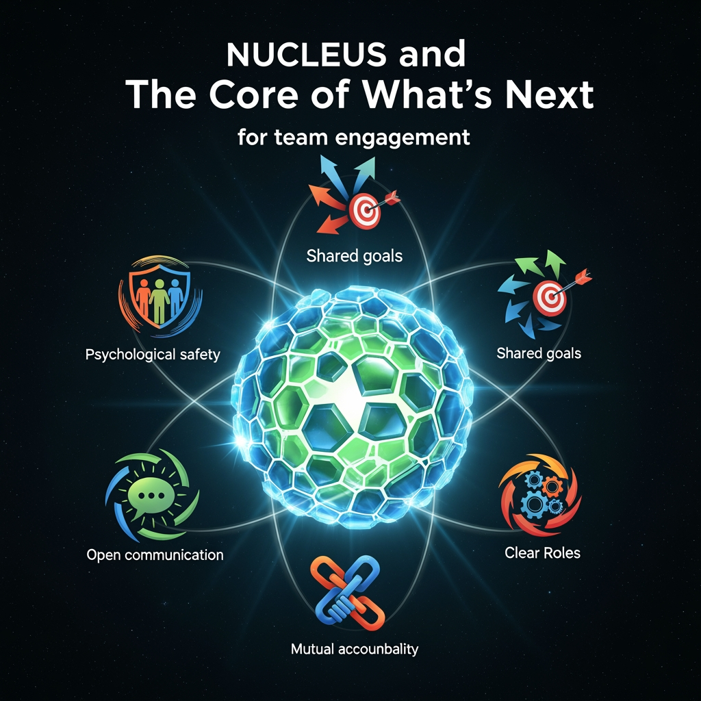 AI Design for title Nucleus and The Core of What's Next text andits for team engagement we would like to incorporate more dynamics to it "psychological safety, shared goals, clear roles, open communication, and mutual accountability. are the dynamic logos any other